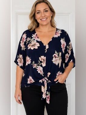 L U Q Women's Black Floral Tie-Front Blouse with Pink Accent Flowers